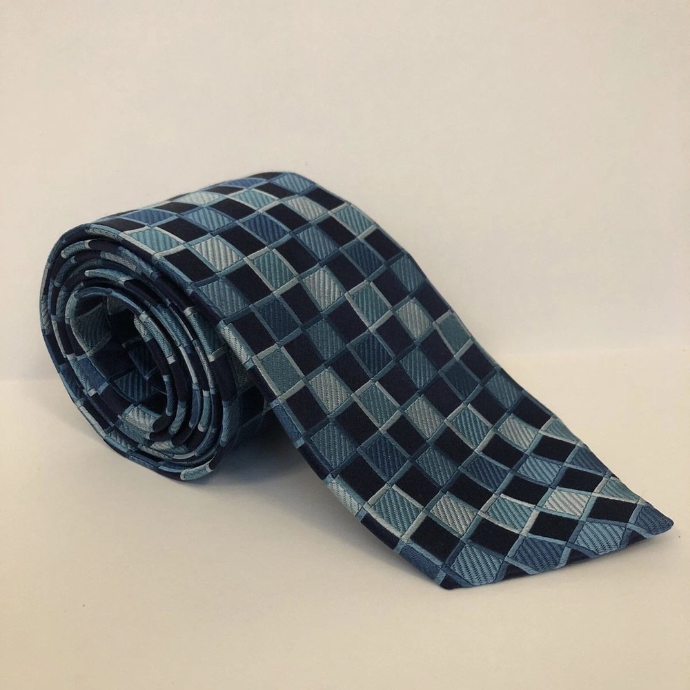 Mens Blue Checkered Geometric Silk Necktie Woven Square Pattern Formal Dress Tie